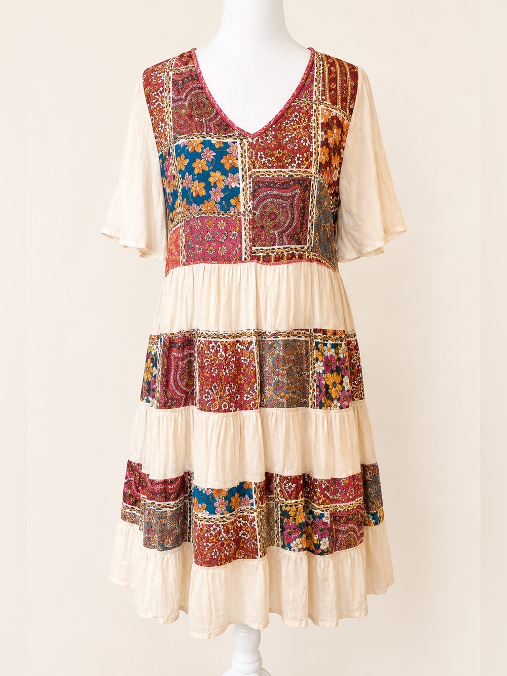 Oddy • Boutique Patchwork Multicolor Boho Dress • Size S • EUC